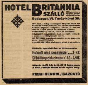 Britannia Szálló megnyitásáról szóló hirdetés, 1913. Az Ujság, 1913.11.évf. 105.sz.